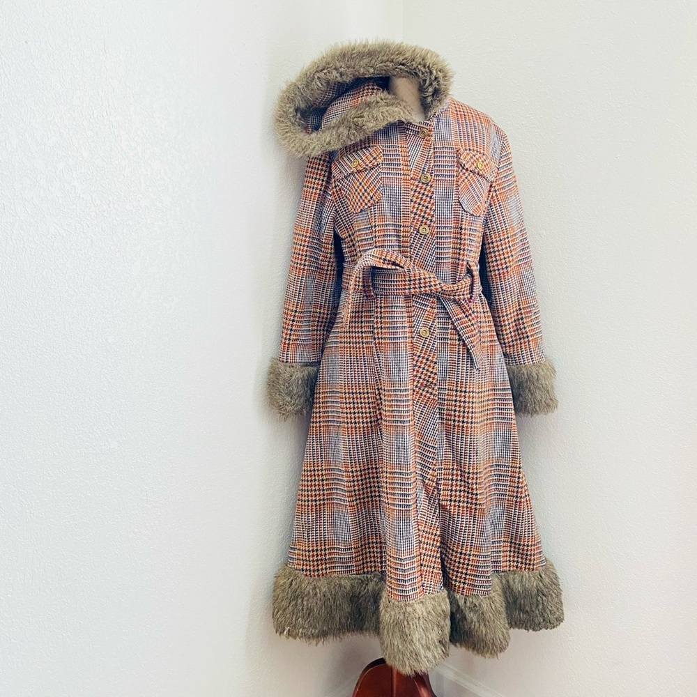 Vintage 50s 60s  M/L Houndstooth Wool Faux Fur Collar Tweed Hooded Coat Jacket